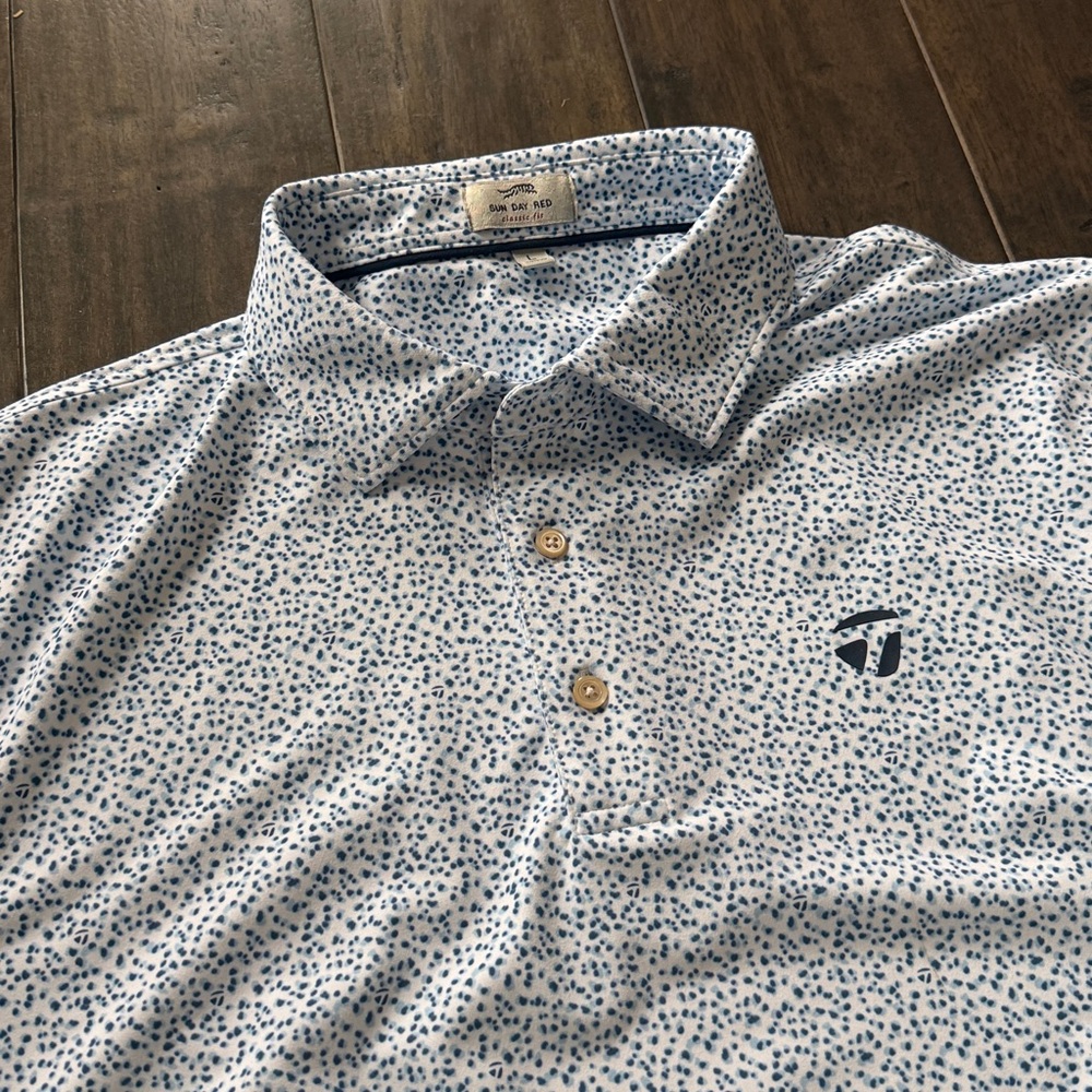Sun Day Red TaylorMade Printed Polo Shirt White Blue Golf Polo Men’s Large - Picture 2 of 3